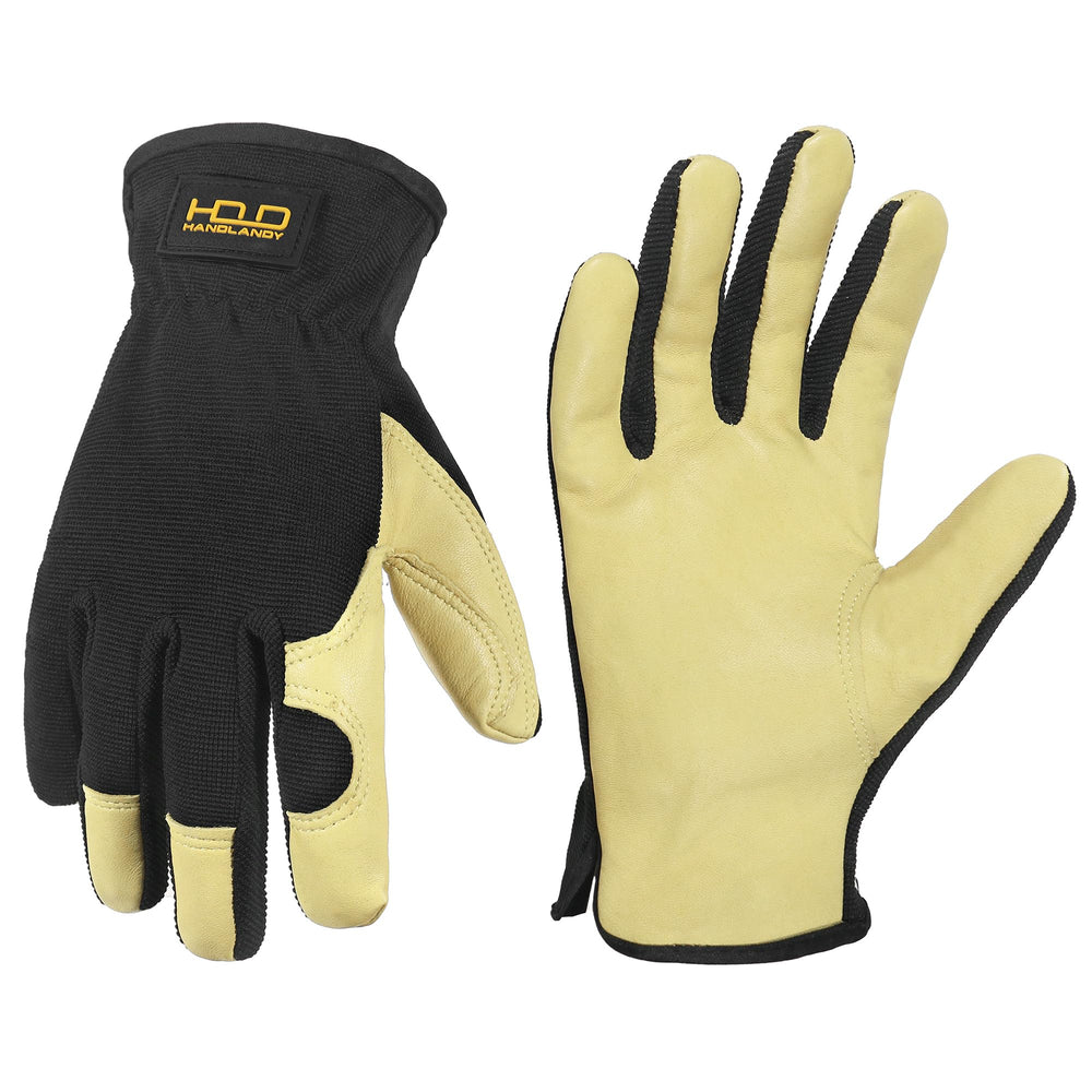 Front view of HANDLANDY Leather Gardening Gloves, Medium, Beige-Black