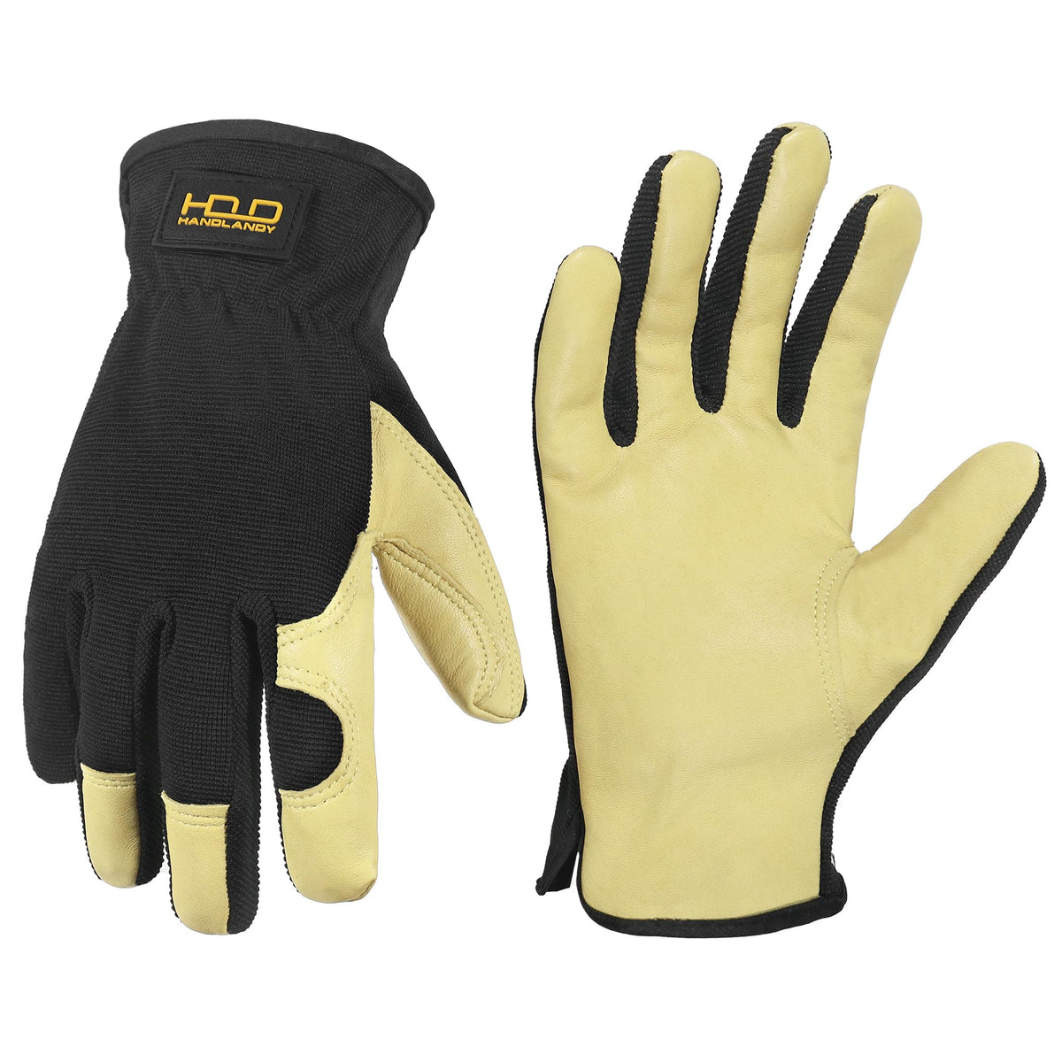 Front view of HANDLANDY Leather Gardening Gloves, Medium, Beige-Black