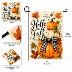Front view of Hello Fall Garden Flag with vibrant pumpkin art