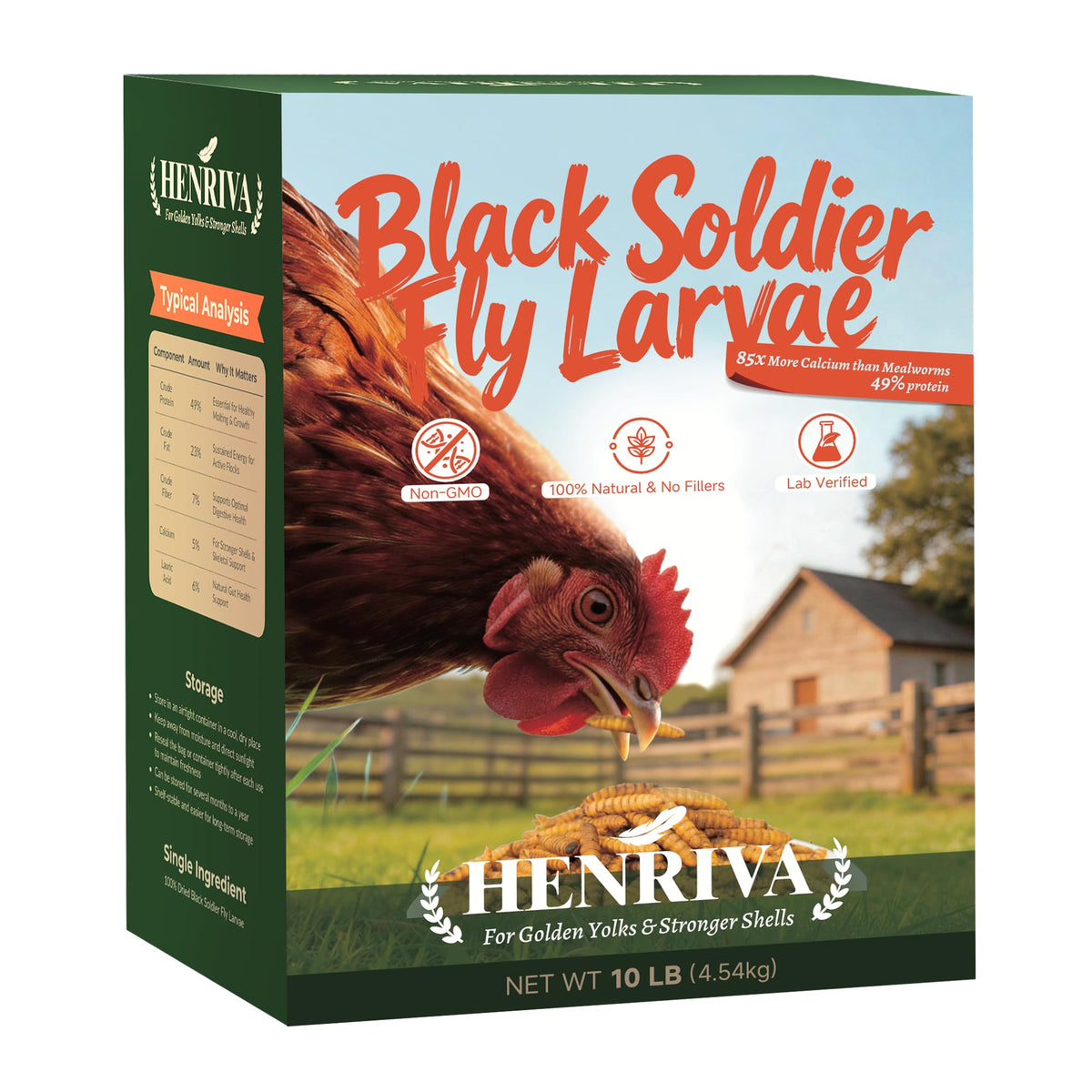 Front view of henriva 10LB Dried Black Soldier Fly Larvae bag