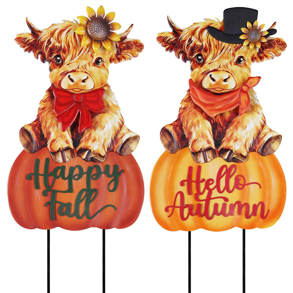 Front view of hogardeck Highland Cow Garden Stakes with pumpkins