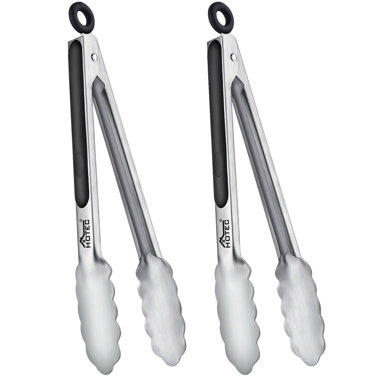 Front view of HOTEC 9 inch stainless steel tongs set