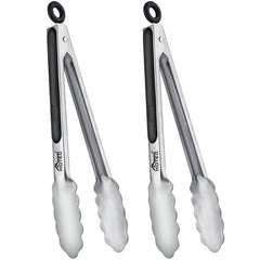Front view of HOTEC 9 inch stainless steel tongs set