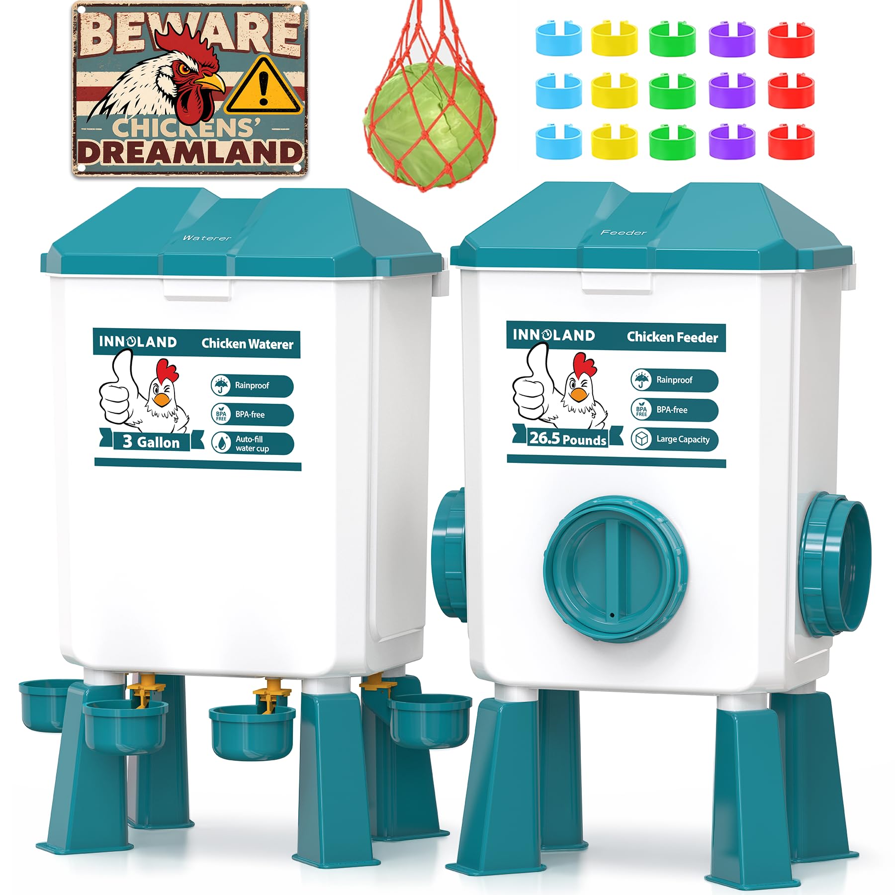 Front view of INNOLAND Chicken Feeder and Waterer Set in blue