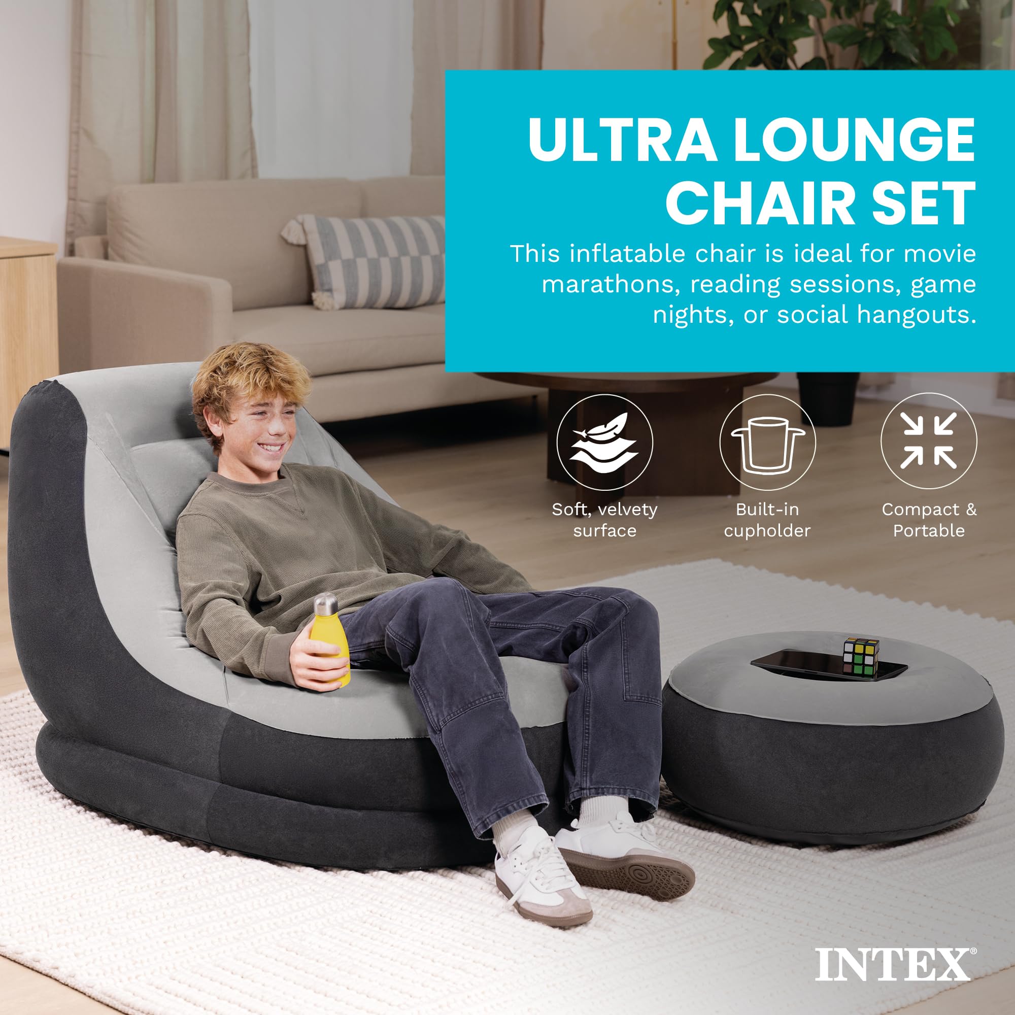 Front view of Intex Ultra Lounge Inflatable Chair with cupholder