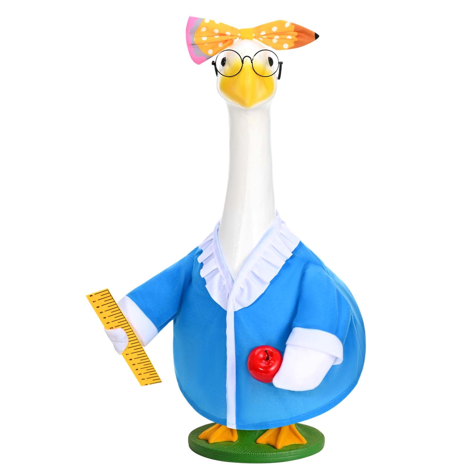 Front view of JcHrmers Teacher Goose Outfit with blue clothes and apple