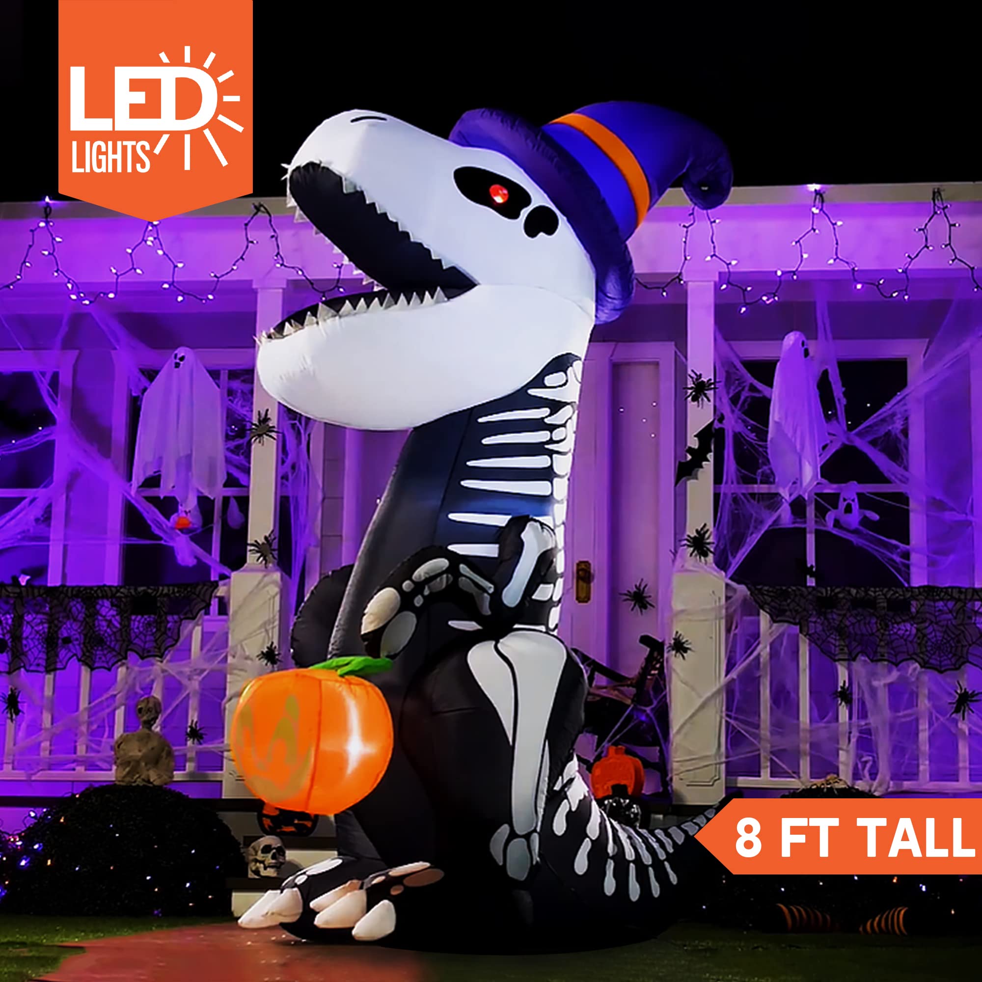 Front view of Joiedomi inflatable dinosaur with LED lights