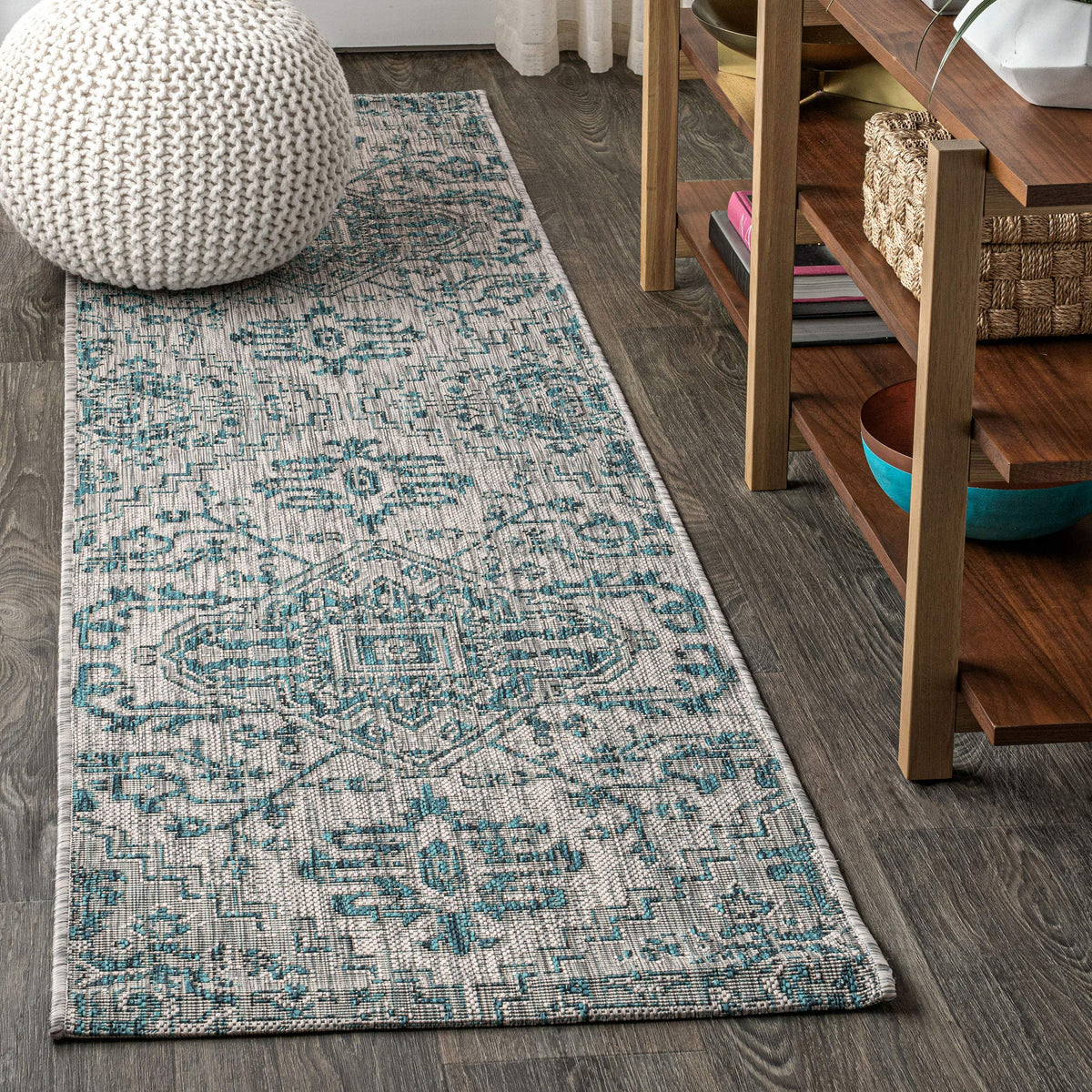 Front view of JONATHAN Y Boho Medallion Runner Rug 2'2"x10' in teal and gray