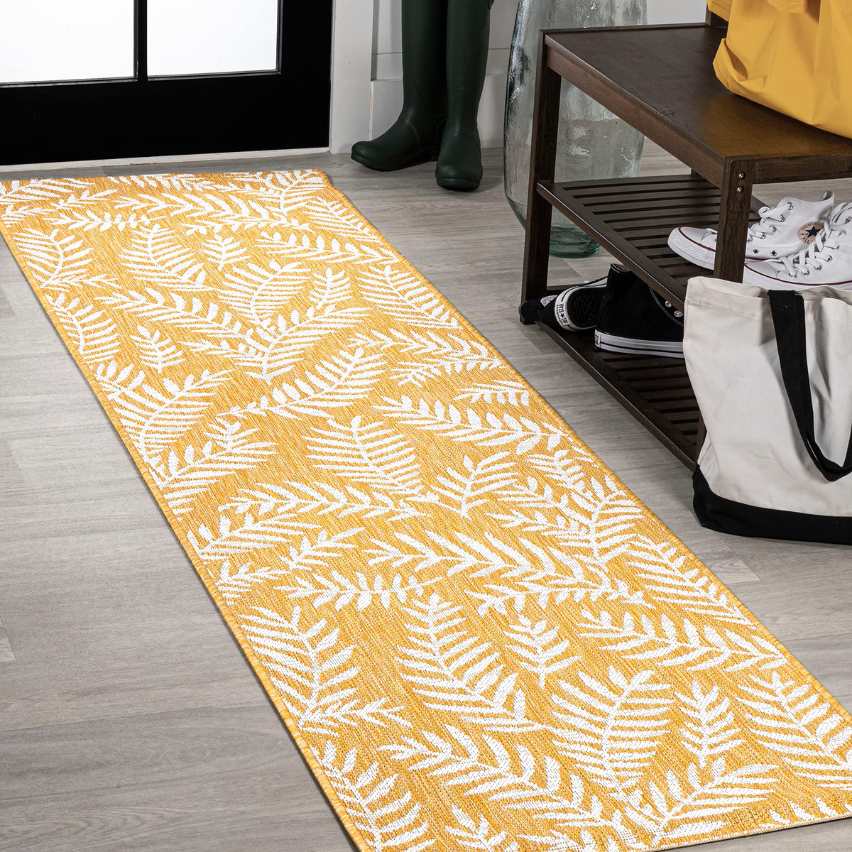 Front view of JONATHAN Y Palm Frond Indoor Outdoor Runner Rug in yellow and cream