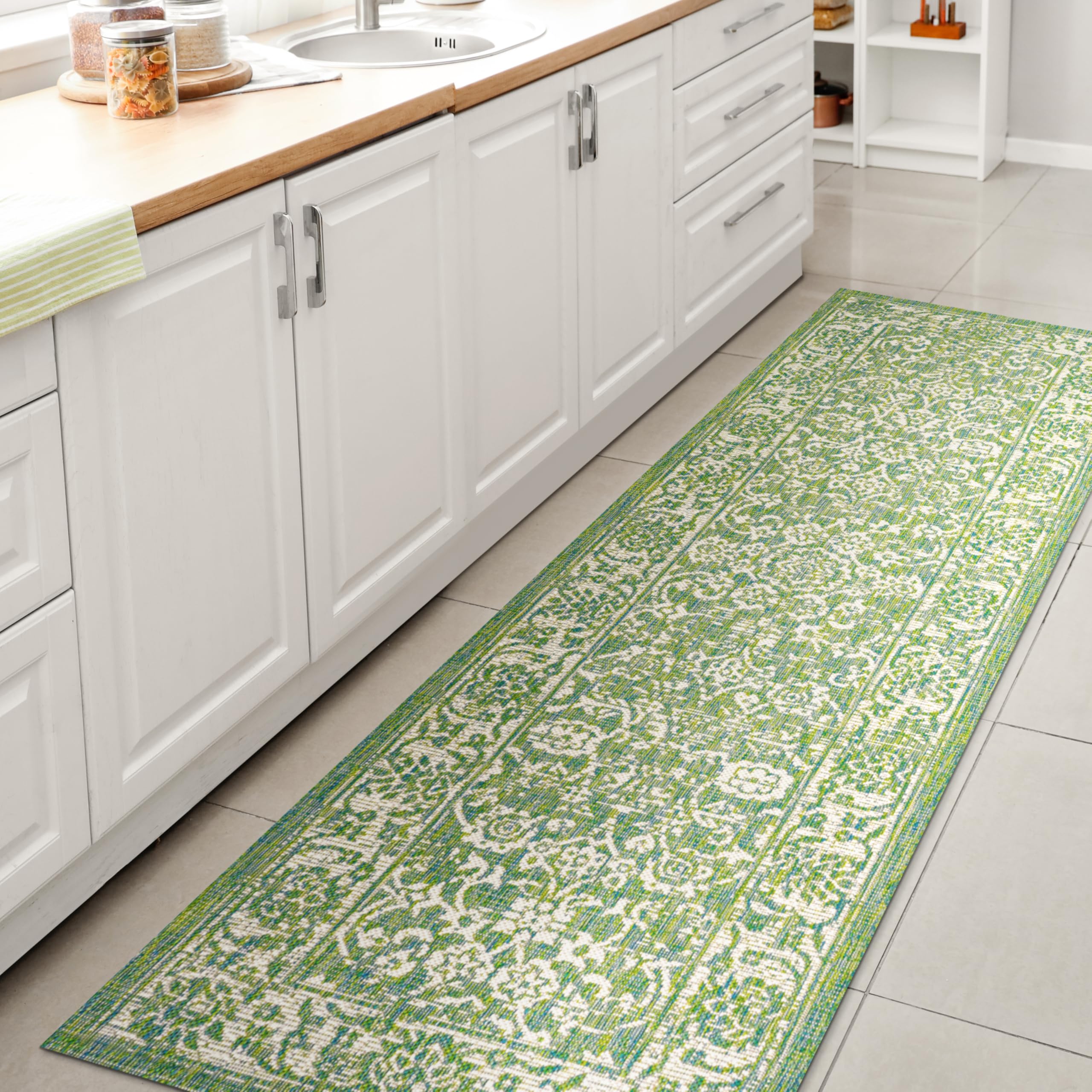 Front view of JONATHAN Y Weave Floral Indoor Outdoor Runner Rug 2'2" x 8' in cream and green
