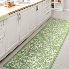Front view of JONATHAN Y Weave Floral Indoor Outdoor Runner Rug 2'2" x 8' in cream and green