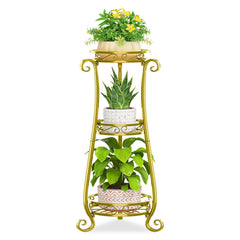 Front view of KMOTASUO 3 Tier Metal Plant Stand in gold