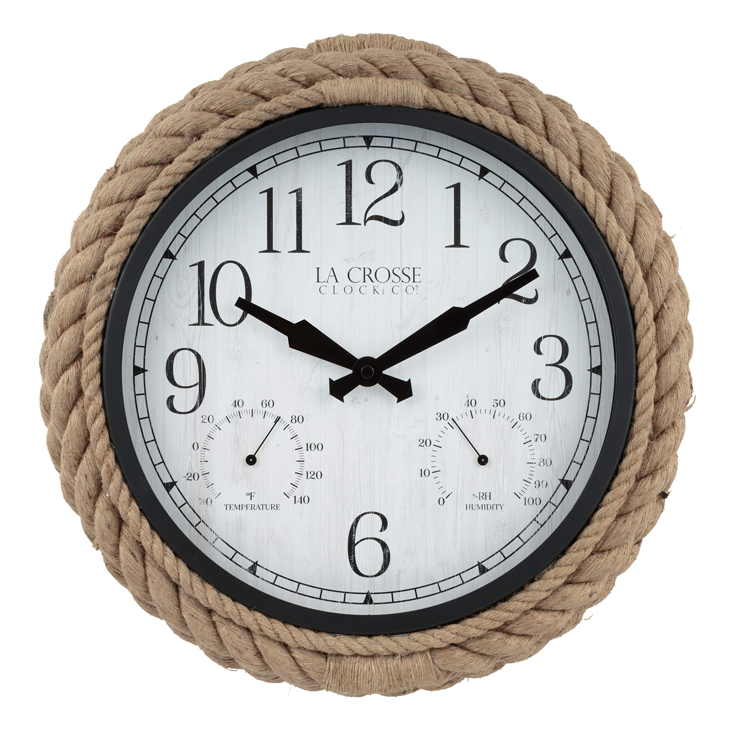 Front view of La Crosse 14-inch Rowan wall clock with braided rope design