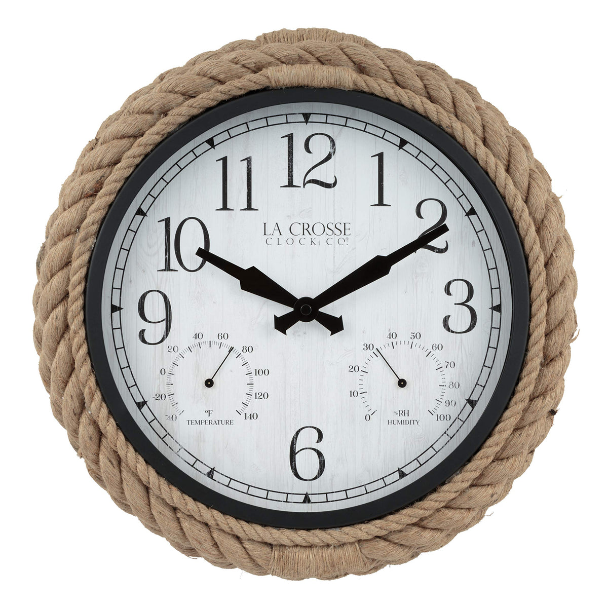 Front view of La Crosse 14-inch Rowan wall clock with braided rope design