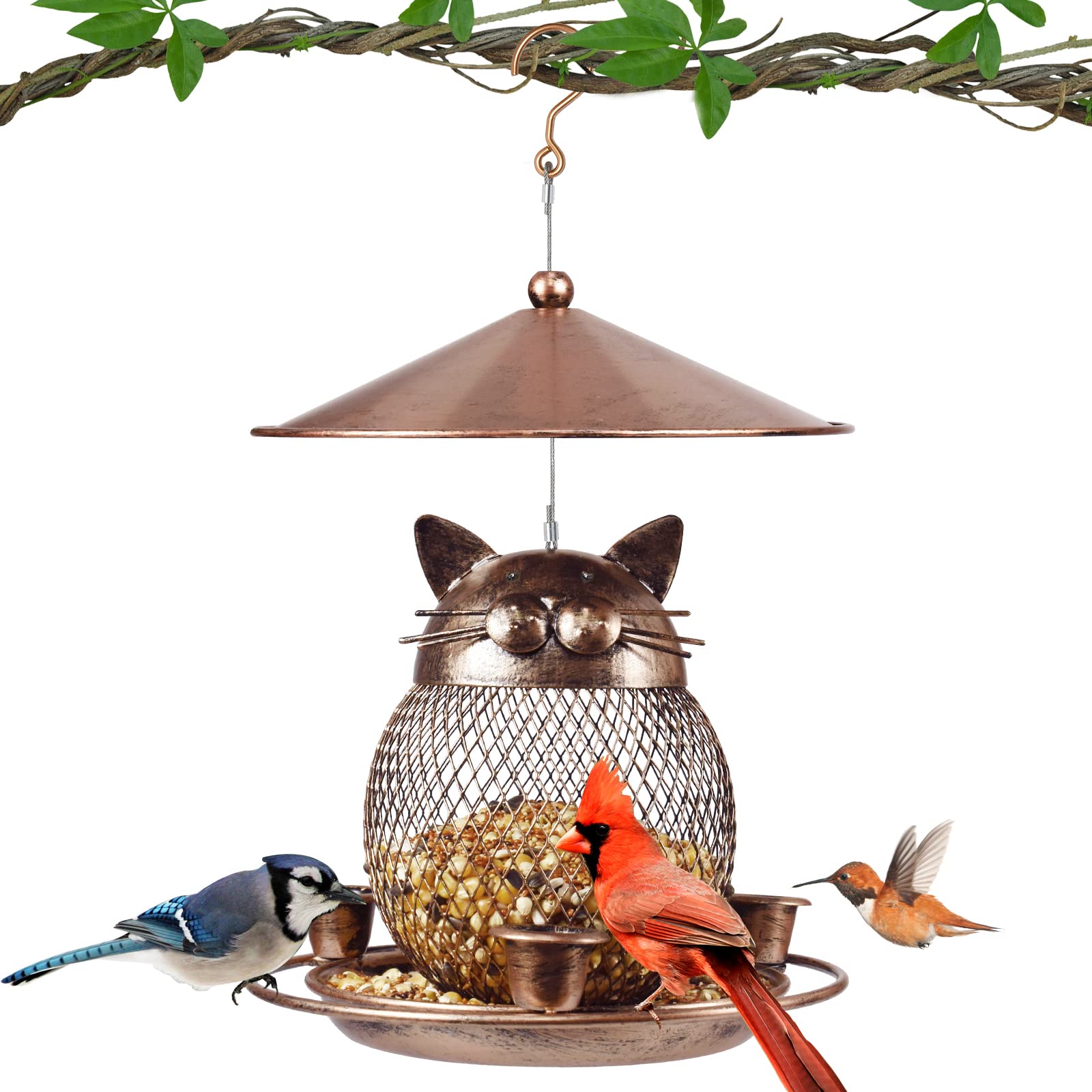 Front view of LBTING cat-shaped bird feeder in bronze