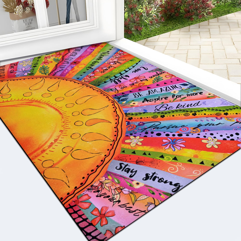 Front view of Likiyol Boho Sun Door Mat 24" x 36" with floral design