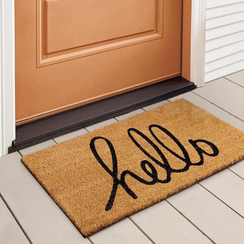 Front view of LuxUrux Hello Door Mat 17" x 30" in walnut colour