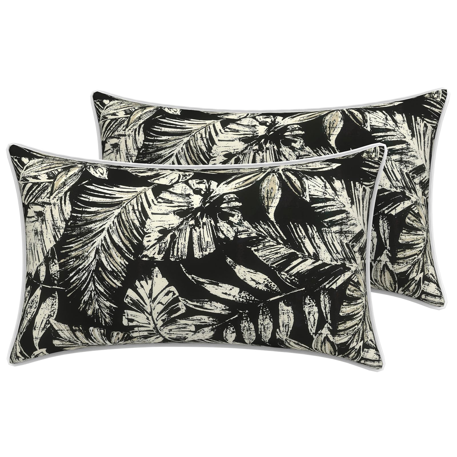 Front view of LVTXIII outdoor lumbar pillow cover in Tropical Leaf Black