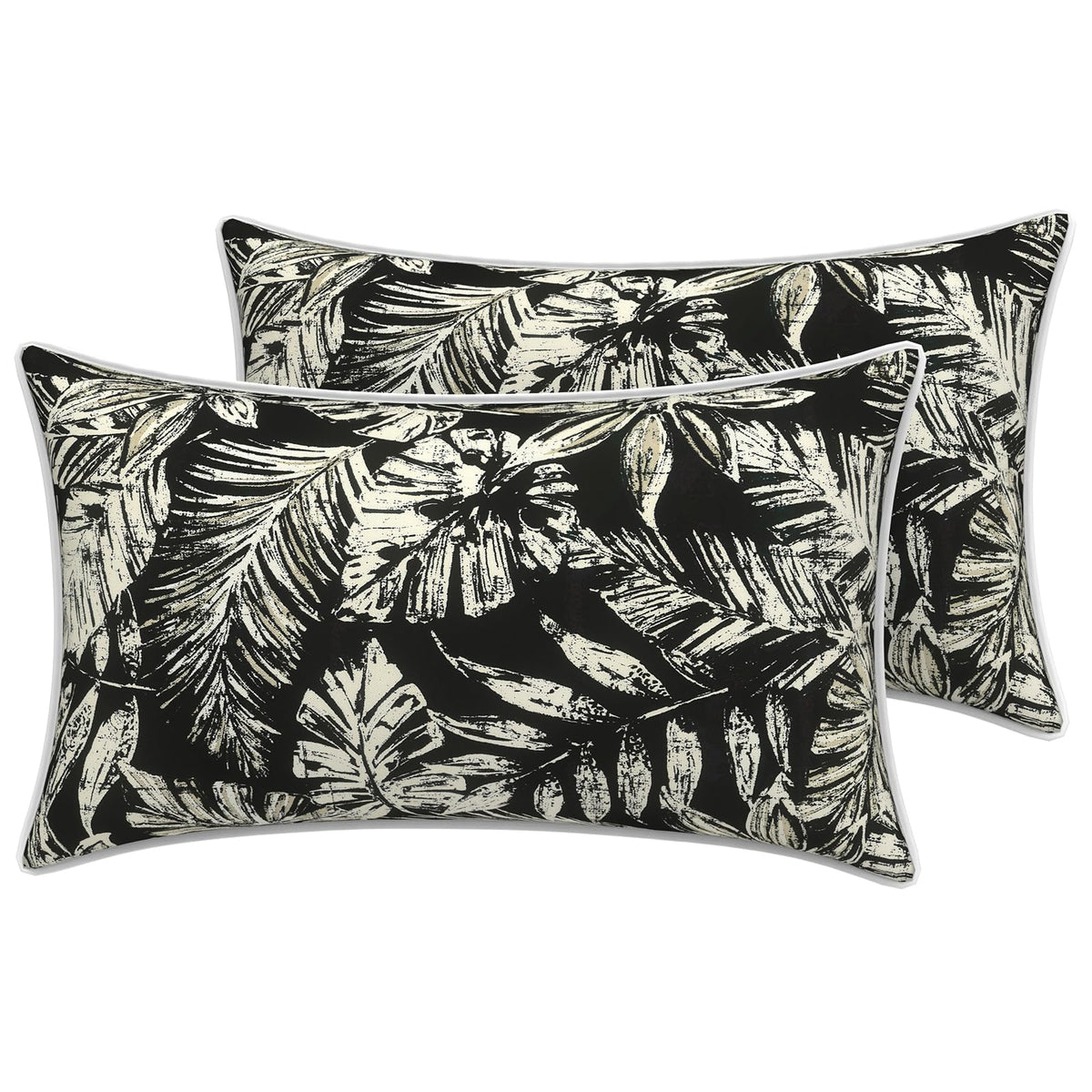 Front view of LVTXIII outdoor lumbar pillow cover in Tropical Leaf Black