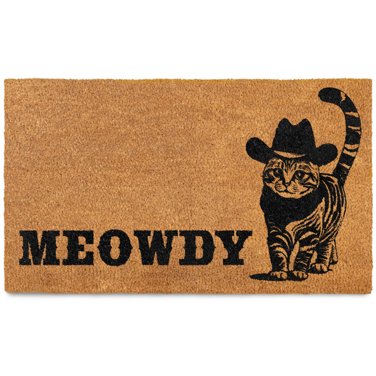 Front view of MAINEVENT Meowdy Doormat 30x17 inch with black cat design