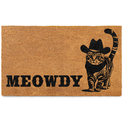 Front view of MAINEVENT Meowdy Doormat 30x17 inch with black cat design