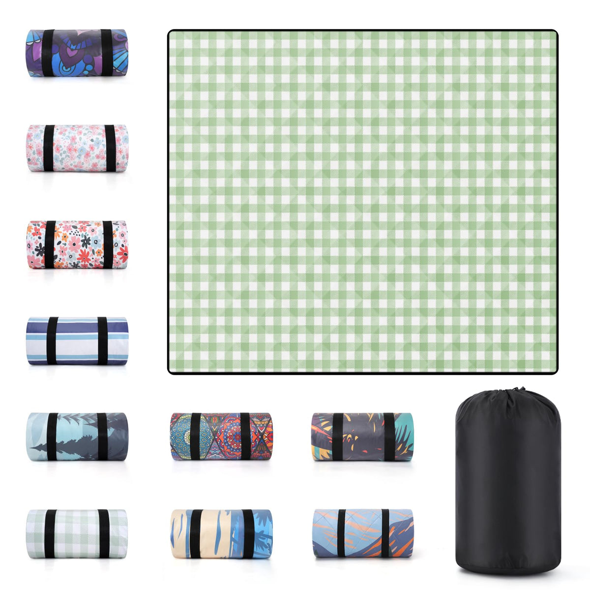 Front view of memKiya 60x80" large picnic blanket in light green check
