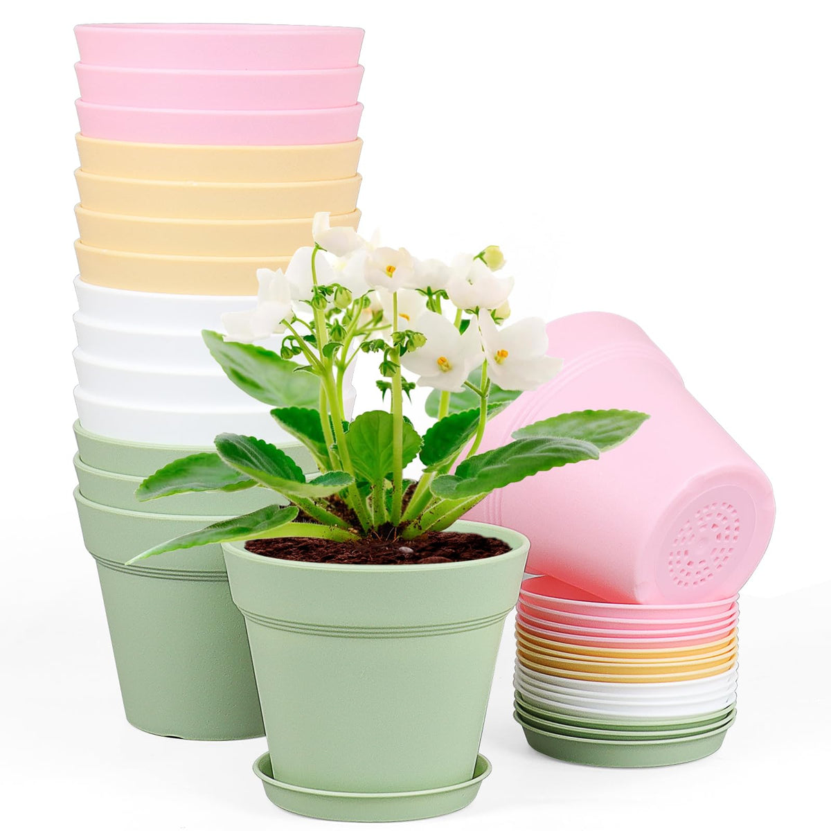 Front view of Meowell 6 inch colorful plastic nursery pots