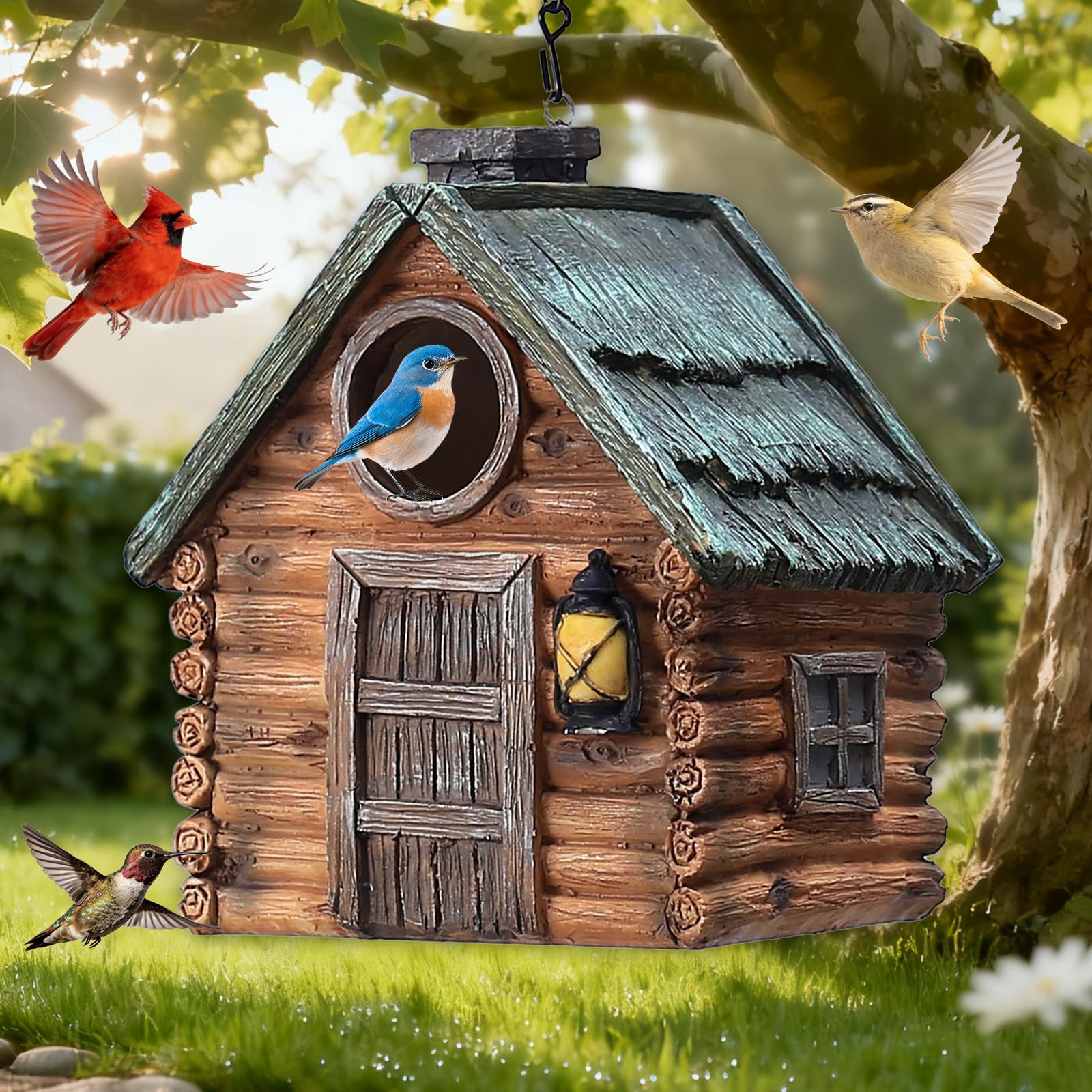 Front view of MINWOLF Brown Resin Bird House with hanging chain