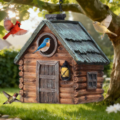 Front view of MINWOLF Brown Resin Bird House with hanging chain