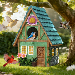 Front view of MINWOLF Cottage-Style Hanging Birdhouse with flower accents
