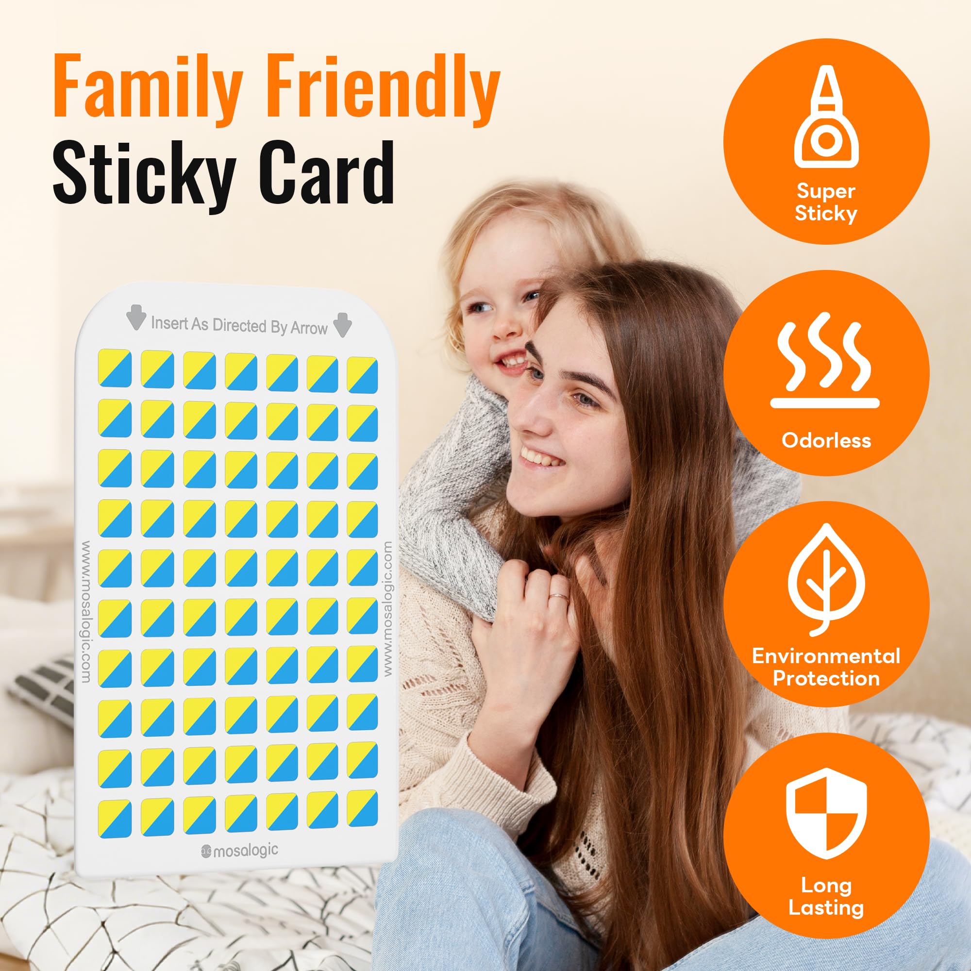 Front view of Mosalogic Sticky Card demonstrating its stickiness