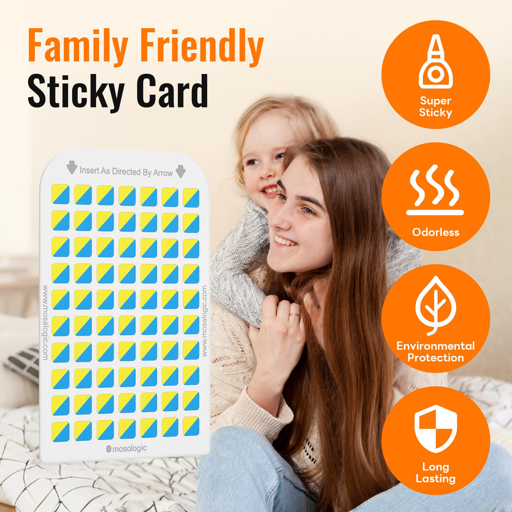 Front view of Mosalogic Sticky Card demonstrating its stickiness