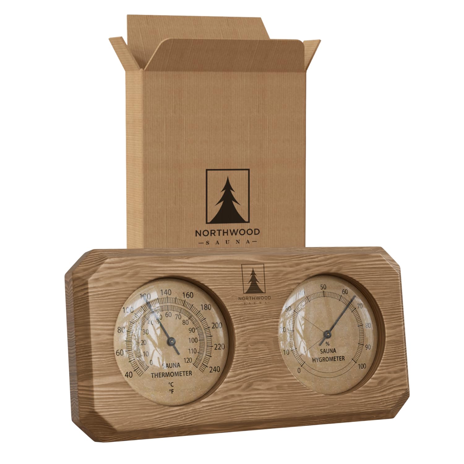 Front view of Northwood Sauna Thermometer and Hygrometer made from cedar wood