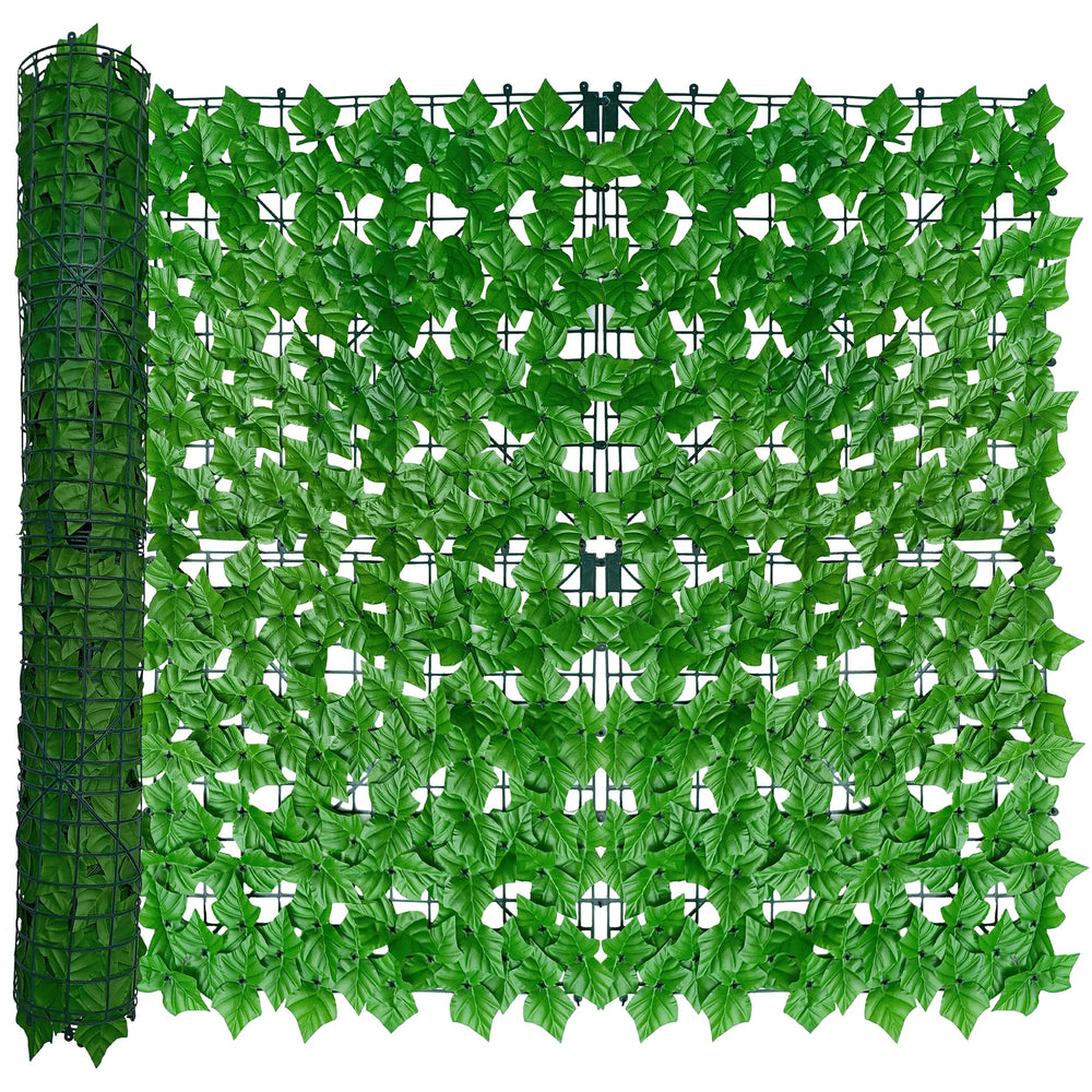 Front view of ODTORY artificial ivy privacy screen panel, light green