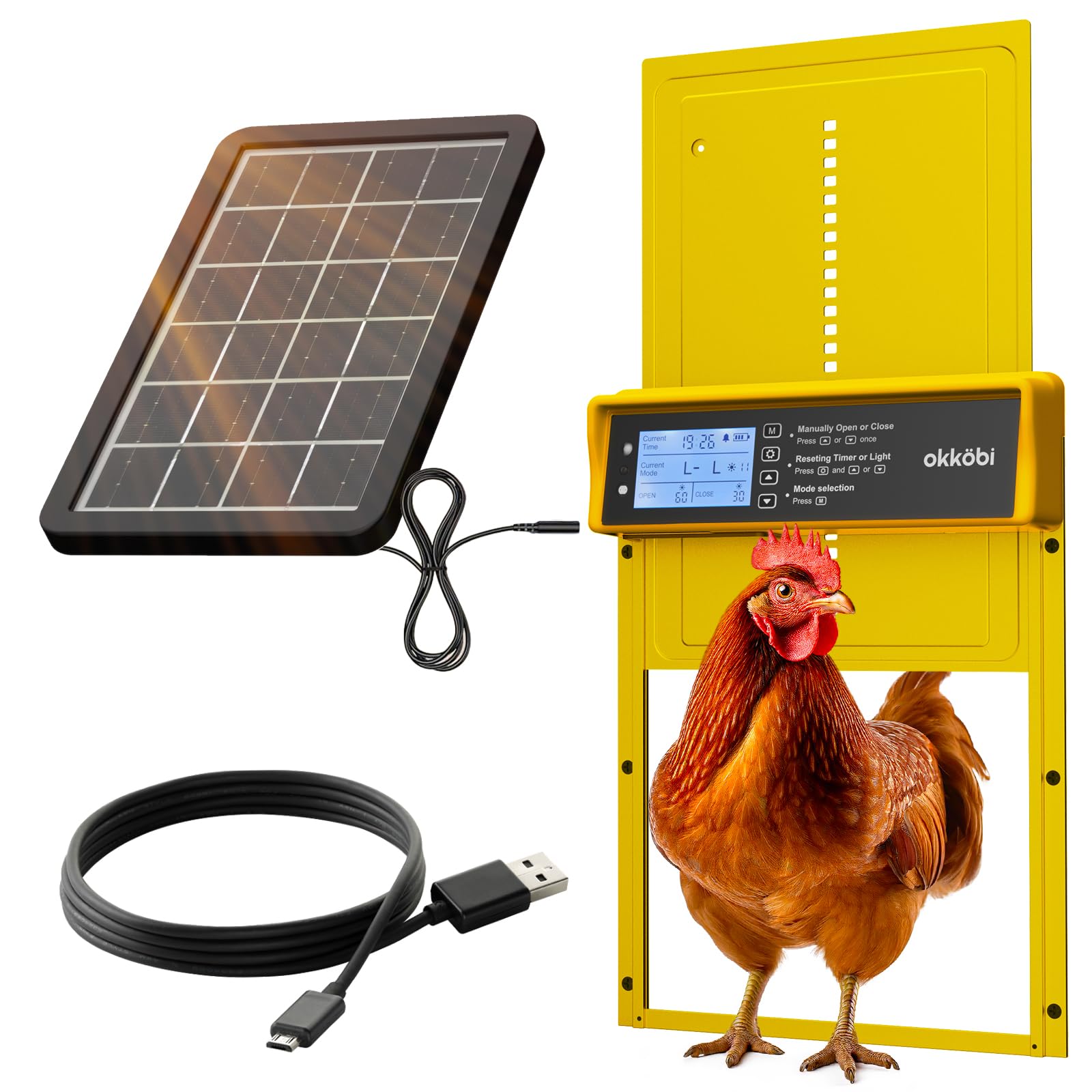 Front view of OKKÖBI Chicken Coop Door with solar panel