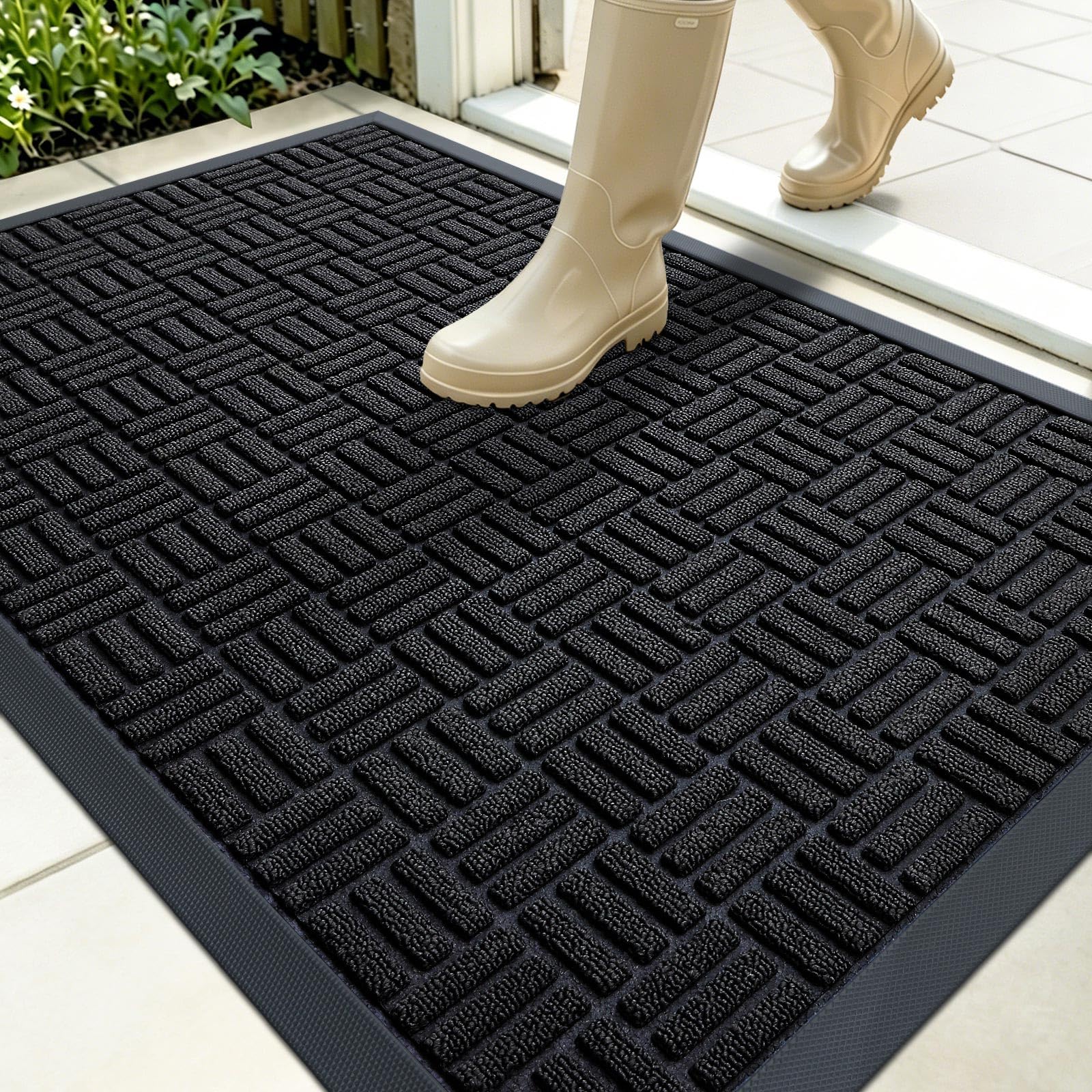 Front view of OLANLY 35x23 black rubber doormat