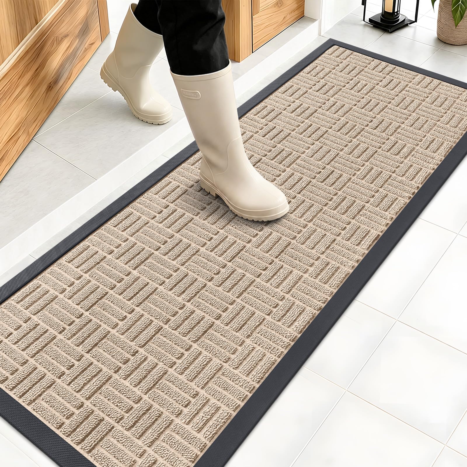 Front view of OLANLY 47x17 heavy-duty rubber doormat in Latte White