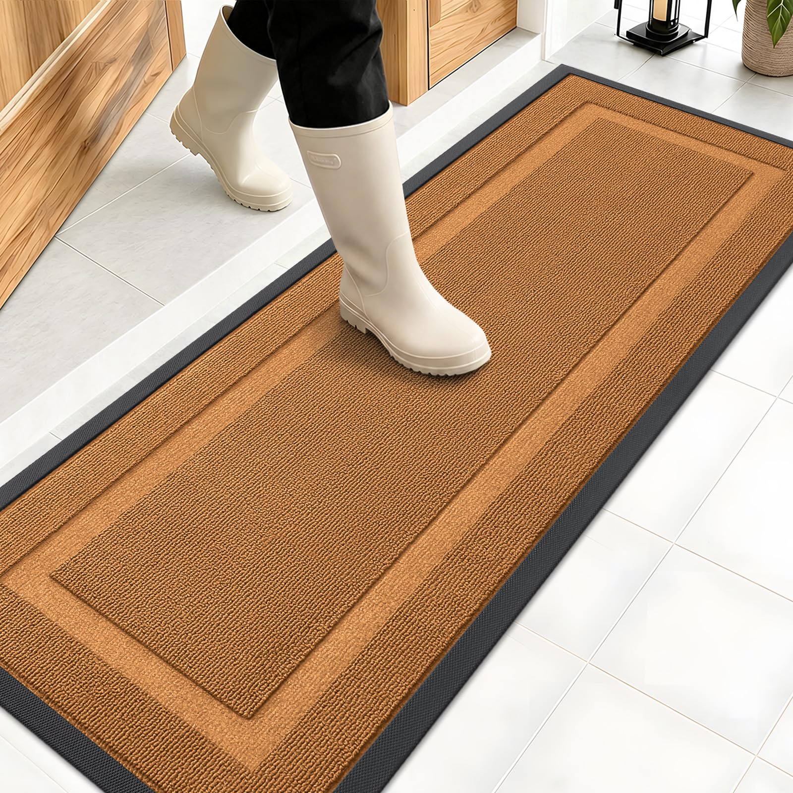 Front view of OLANLY 47x17 tangerine orange doormat
