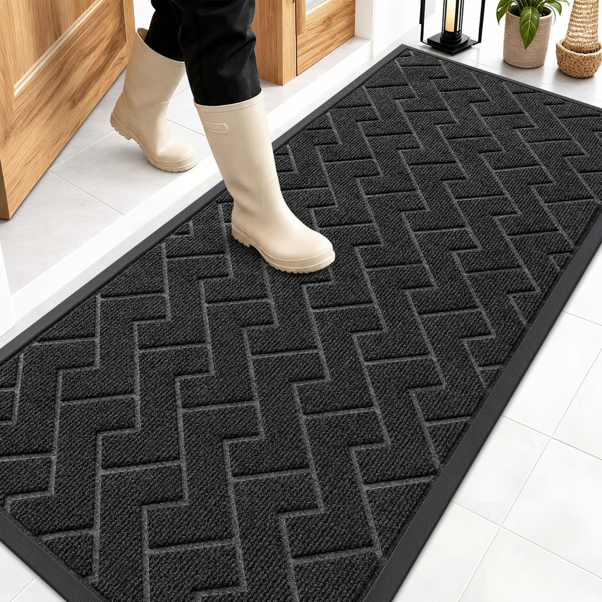 Front view of OLANLY Front Door Mat 59" x 23" in black