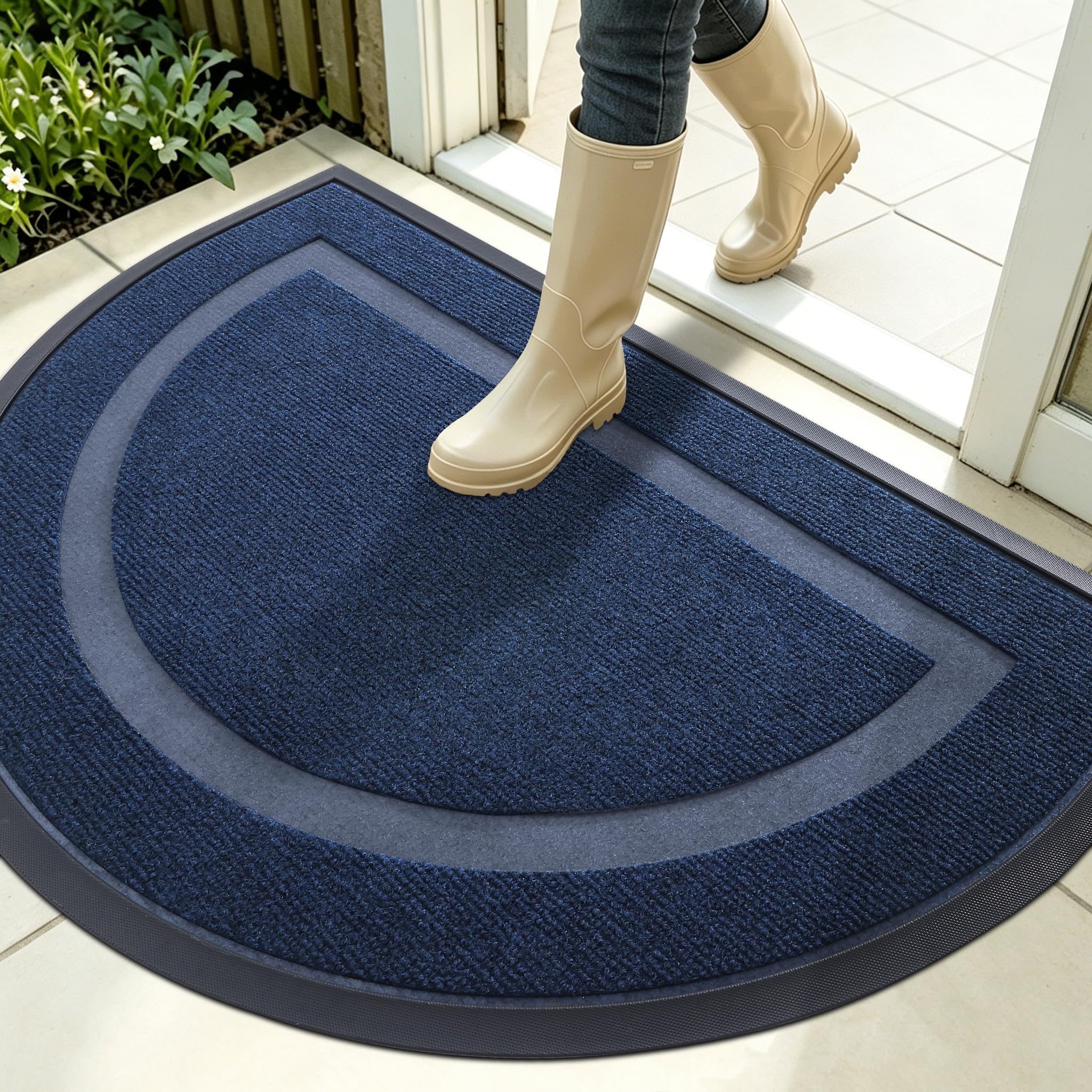 Front view of OLANLY Half Circle Door Mat 35x23 in blue