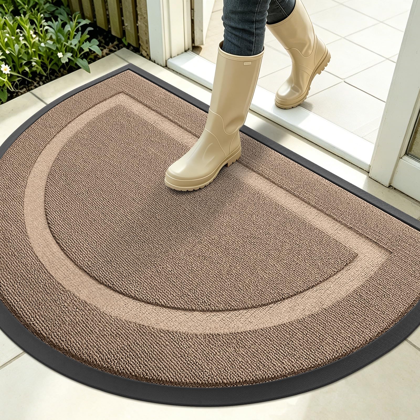 Front view of OLANLY Half Circle Doormat in Mocha, 35x23