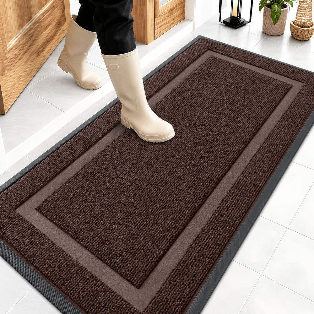 Front view of OLANLY Heavy-Duty Rubber Doormat 47x23 in dark brown