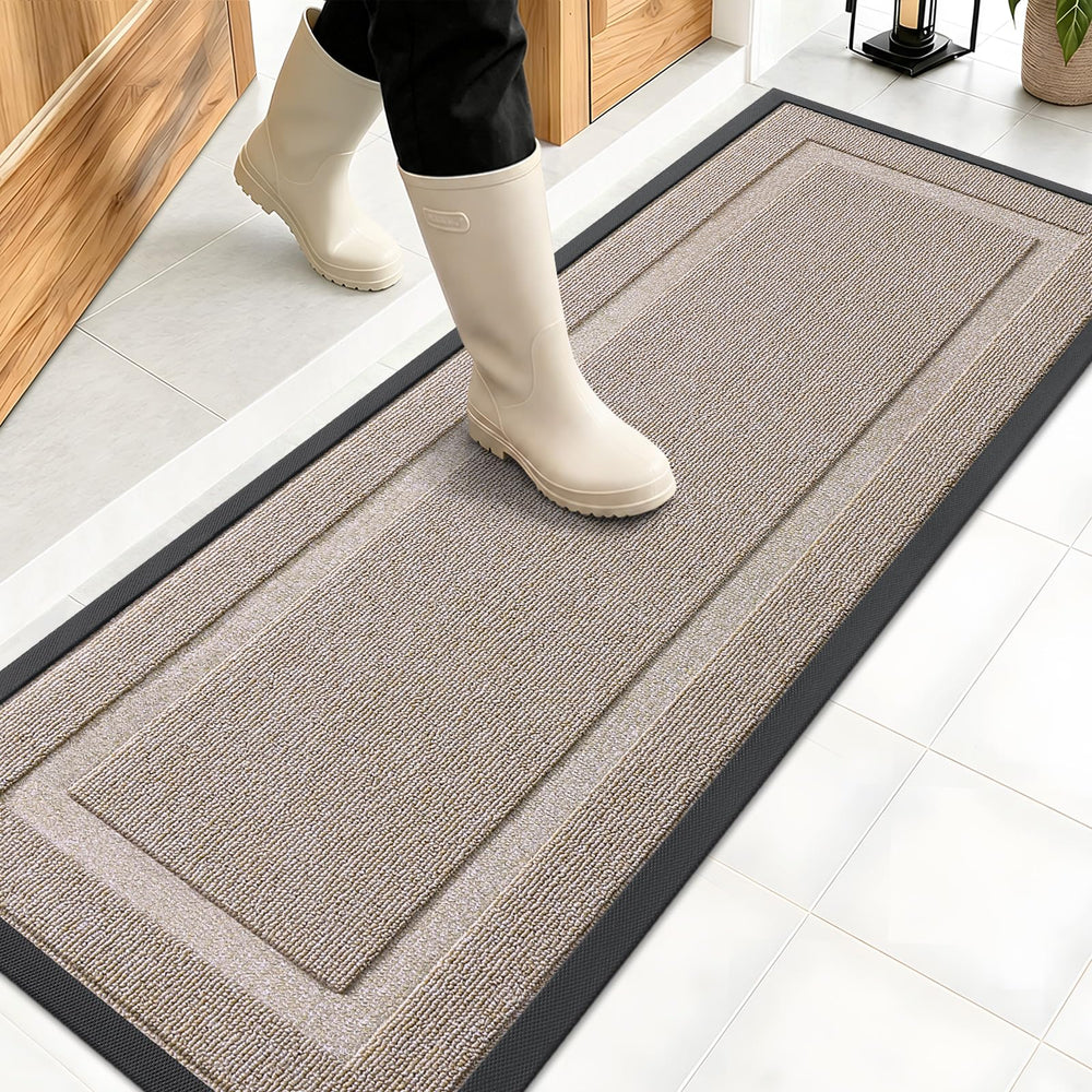Front view of OLANLY heavy-duty rubber doormat in camel colour