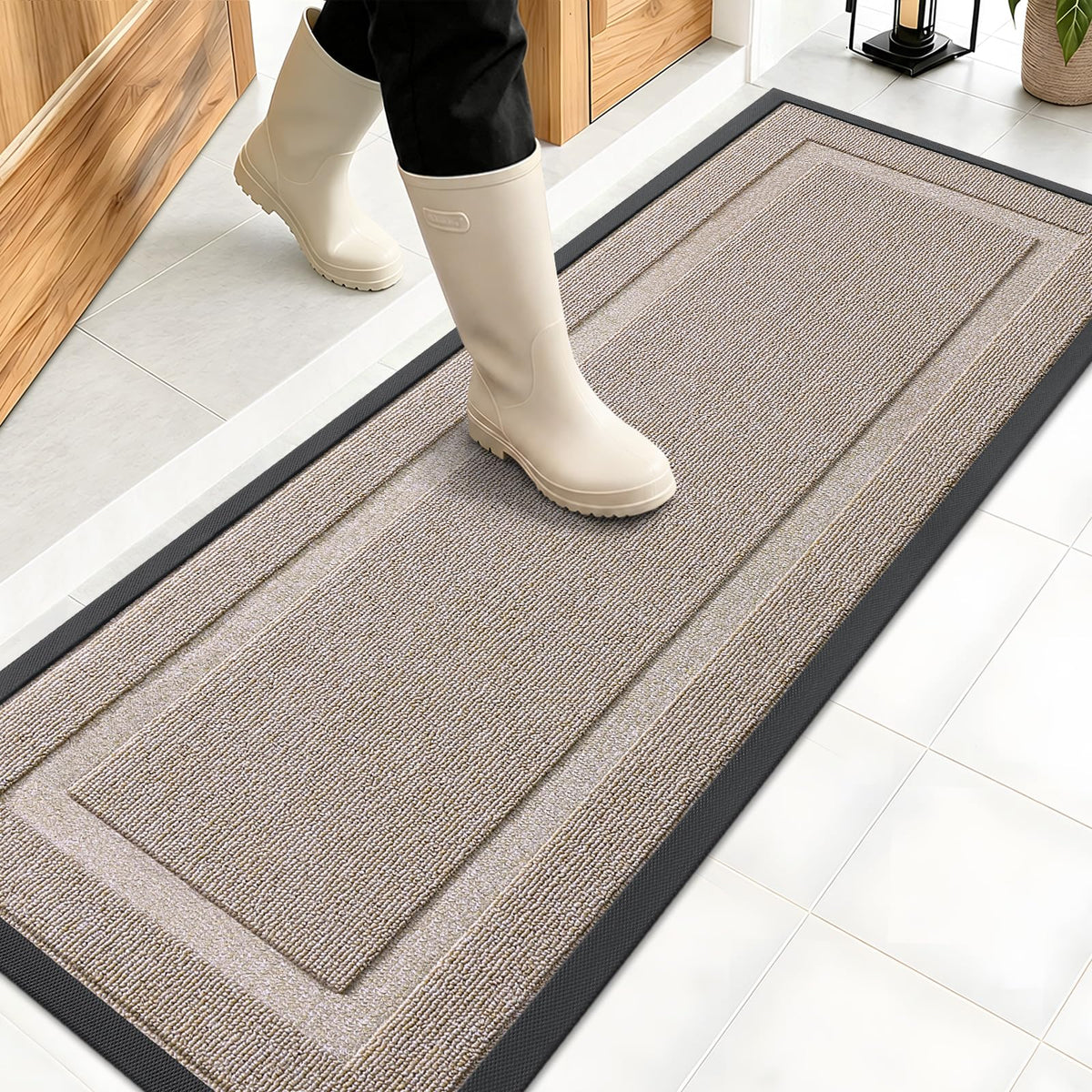 Front view of OLANLY heavy-duty rubber doormat in camel colour