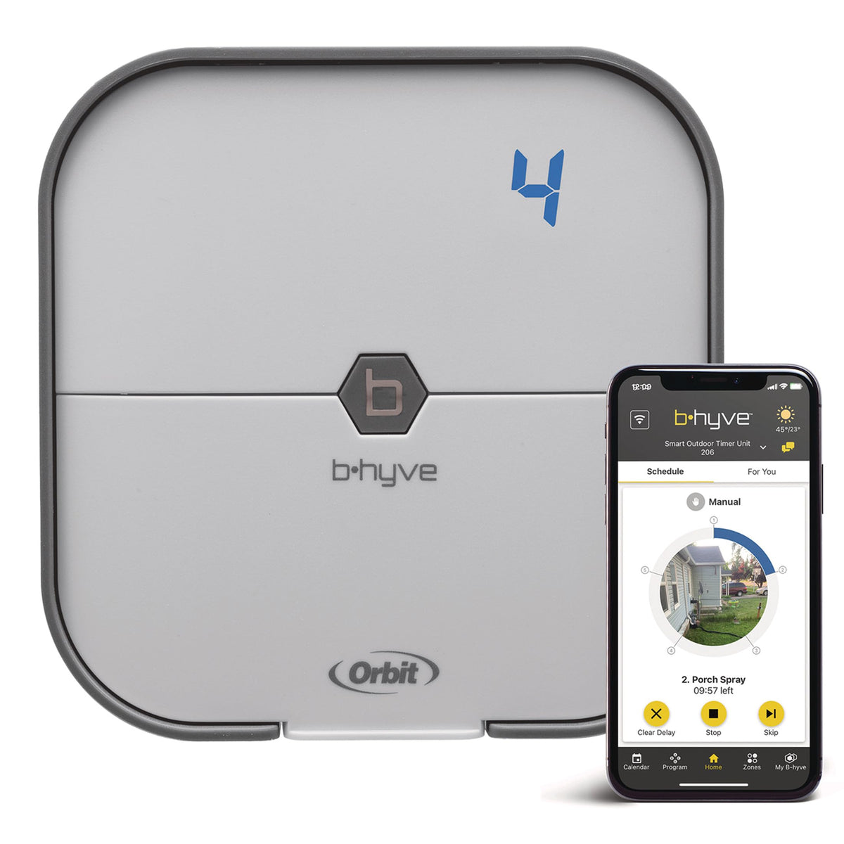 Front view of Orbit B-hyve Indoor Smart Sprinkler Controller in gray