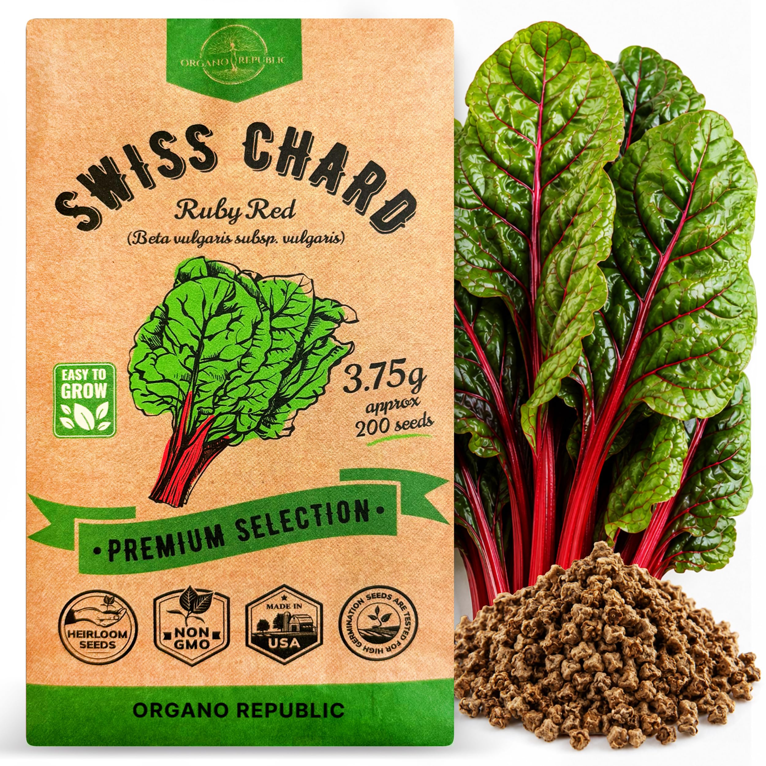 Front view of Organo Republic Swiss Chard Ruby Red Seeds pack 3.75G