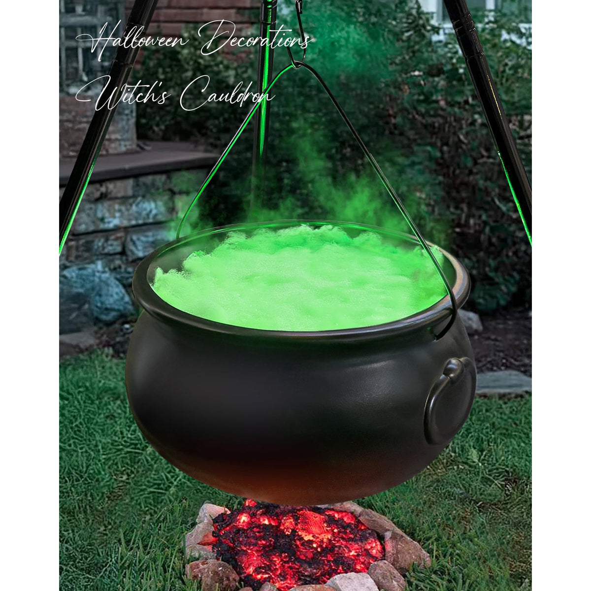 Front view of ORIENTAL CHERRY witches cauldron on tripod with green lights