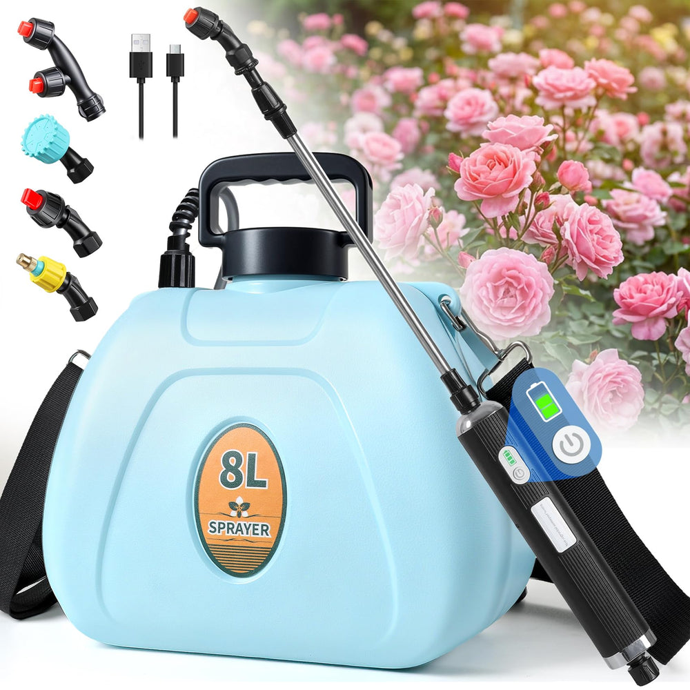 Front view of PASAMIC 2 Gallon Battery Powered Sprayer in blue