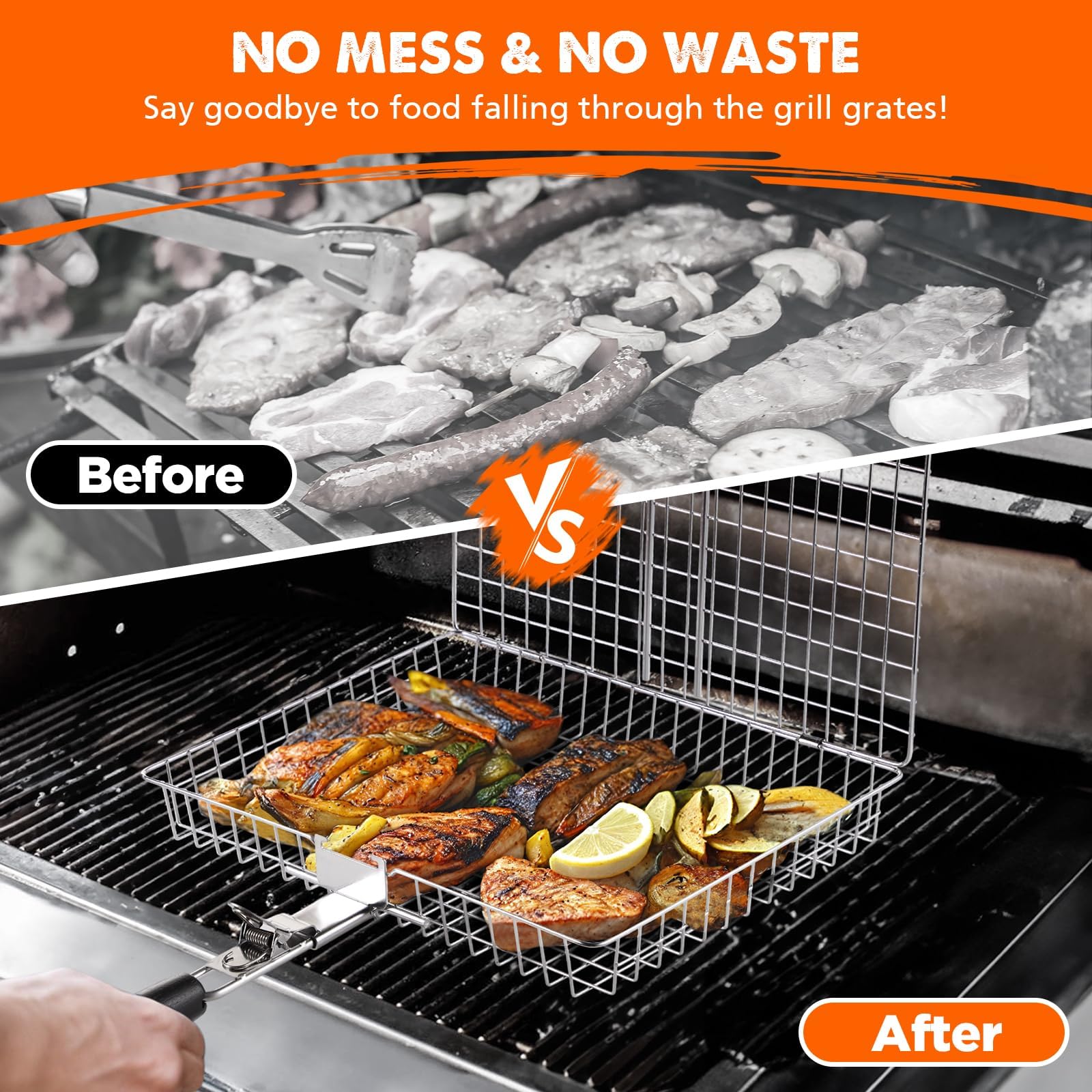 Front view of PitInnov stainless steel grill basket
