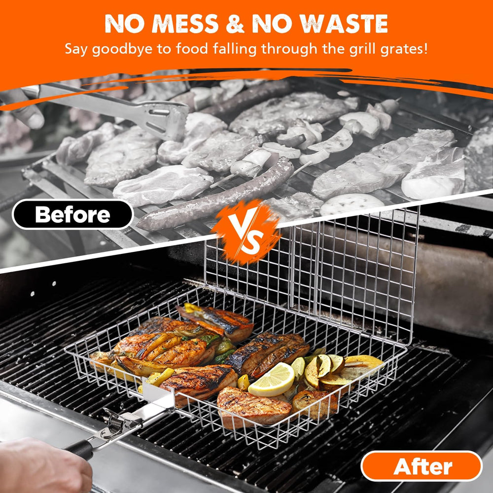 Front view of PitInnov stainless steel grill basket